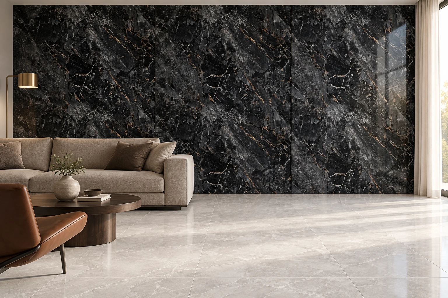 Реалистична дневна с PVC декоративен панел Obsidian Gold Vein на стената и светъл гранитогрес Armany Ivory на пода.