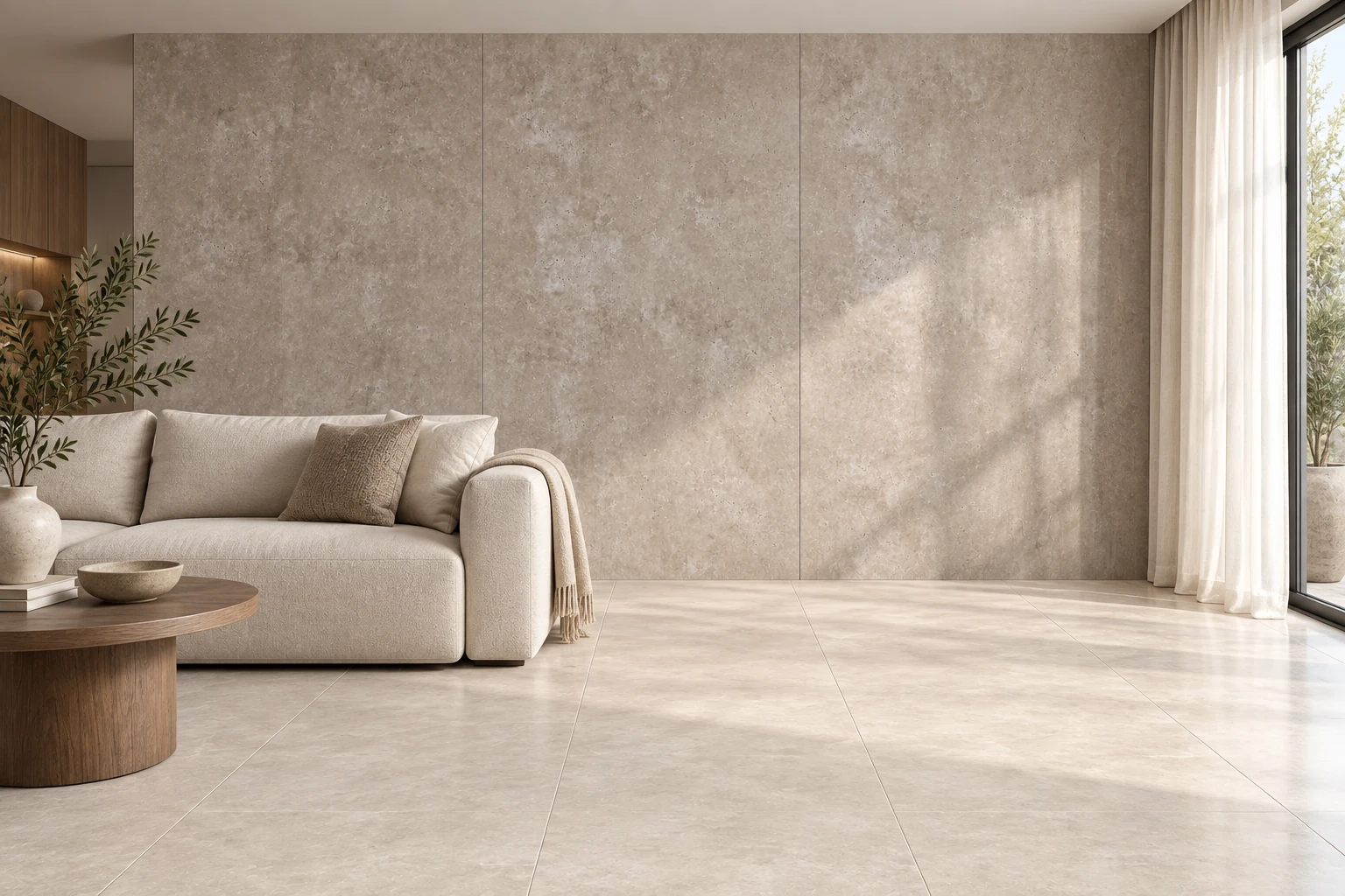 Светла дневна с PVC декоративен панел Roma Classico Travertino на стената и гранитогрес Clay Ivory на пода.
